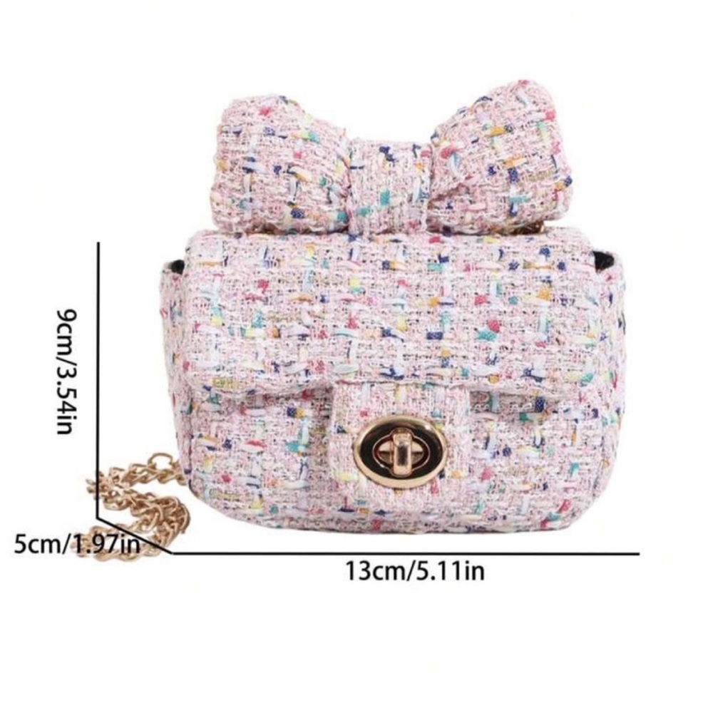Chic Pink & Rainbow Multi Tweed Mini Flap Crossbody Bag w Top Bow OS New - Picture 6 of 6